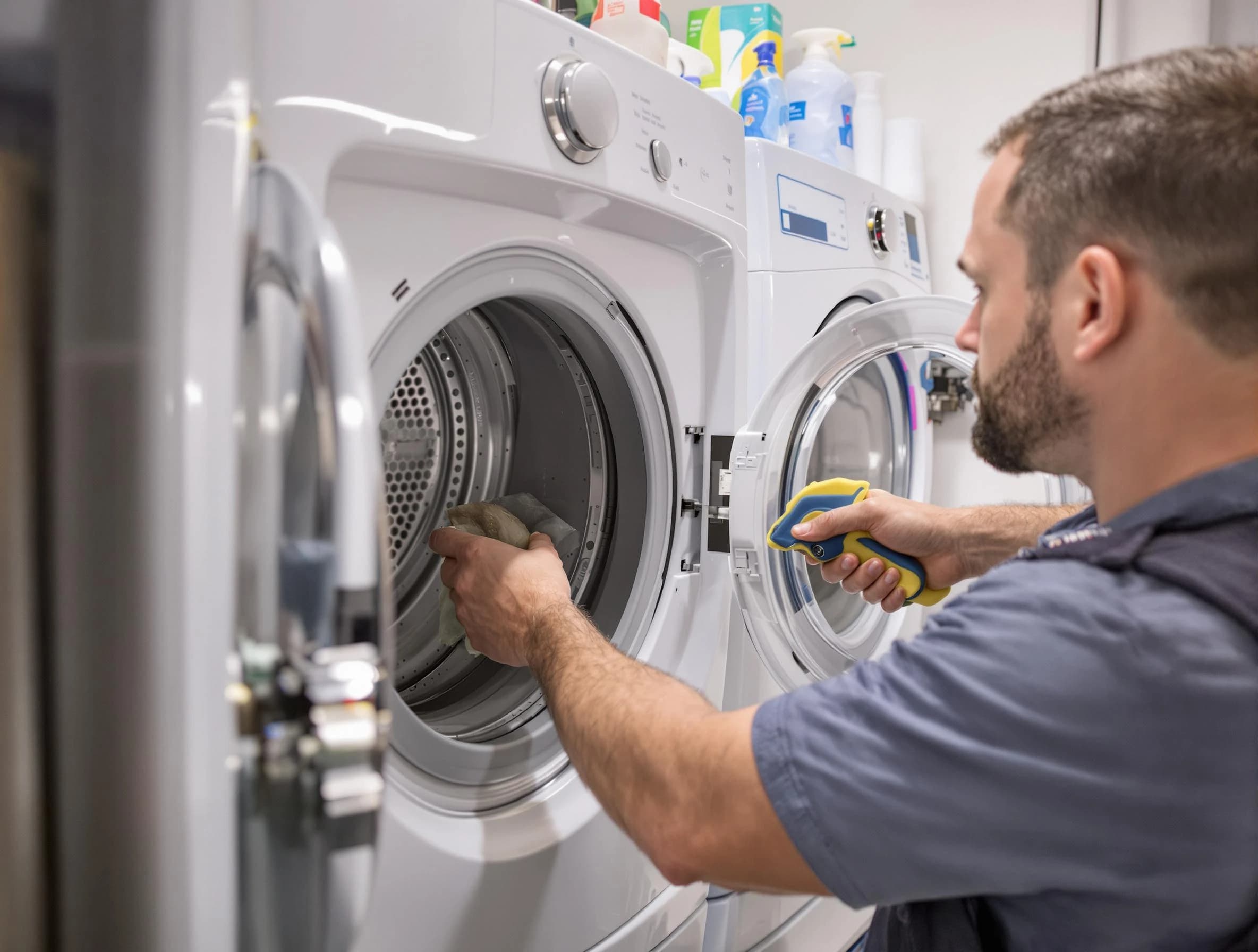 Rialto Dryer Vent Cleaning specialist removing lint buildup from a dryer lint trap system in Rialto