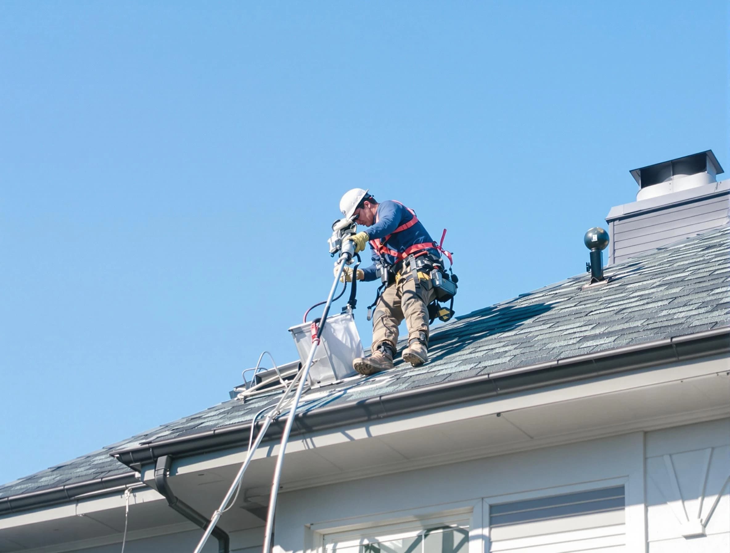 Rialto Dryer Vent Cleaning certified technician cleaning a roof-mounted dryer vent system in Rialto