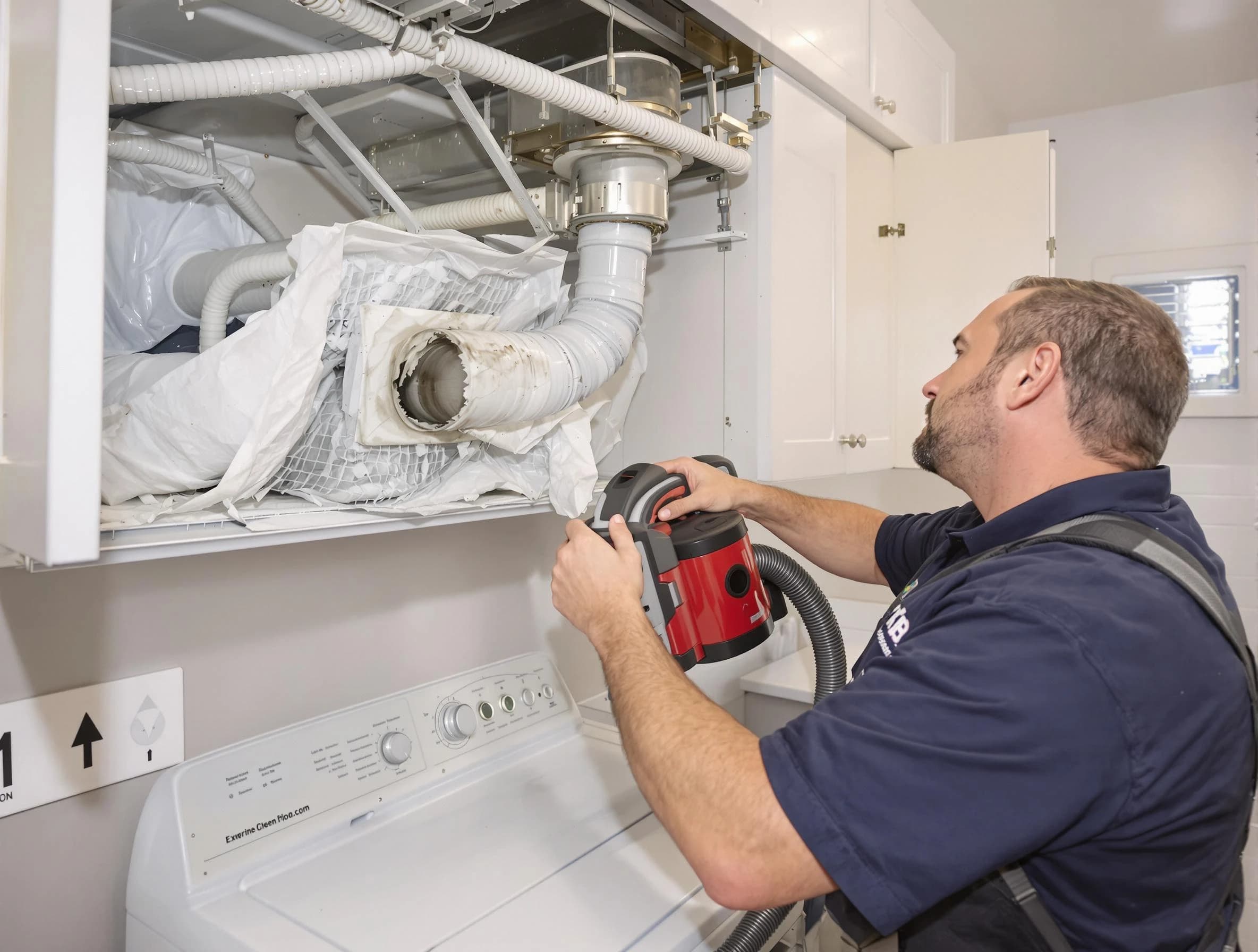 Rialto Dryer Vent Cleaning technician performing professional exhaust vent cleaning at a residential property in Rialto
