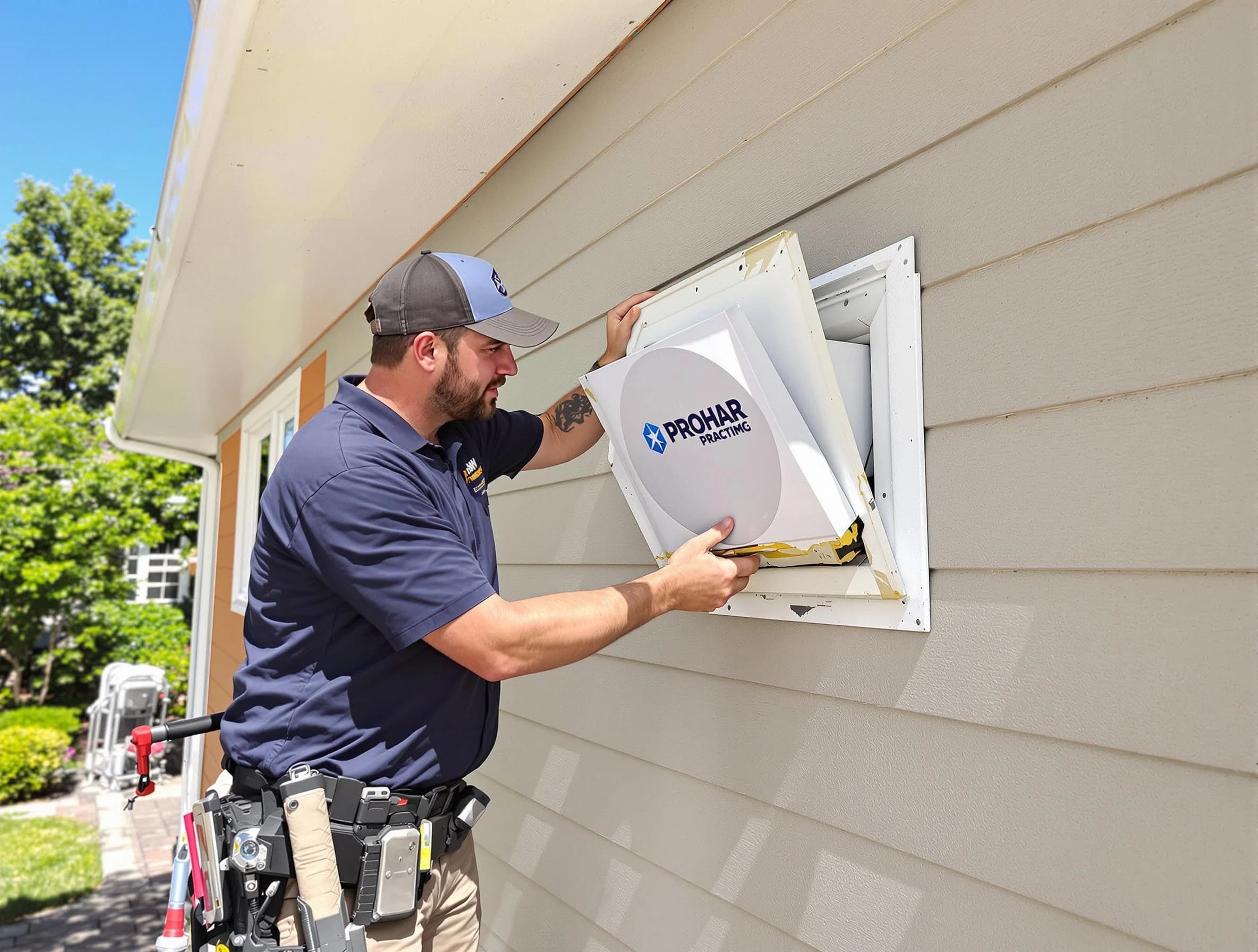 Rialto Dryer Vent Cleaning technician installing a new protective dryer vent cover on a home in Rialto