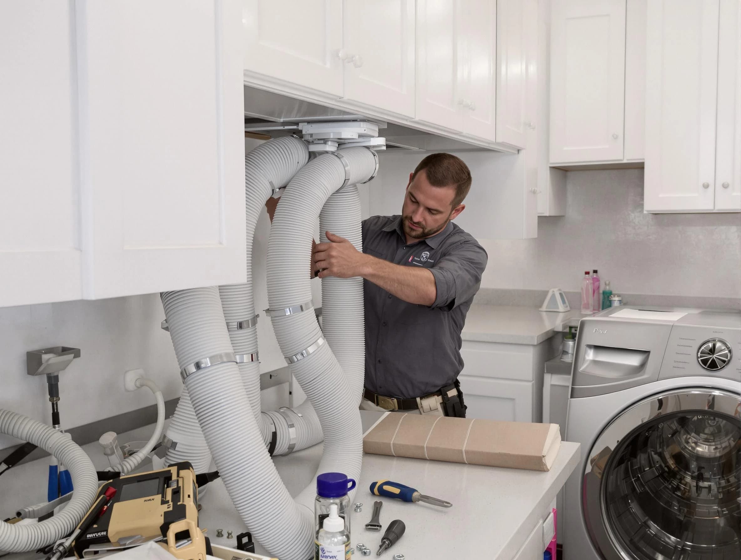Rialto Dryer Vent Cleaning technician installing a new professional-grade dryer vent hose in Rialto