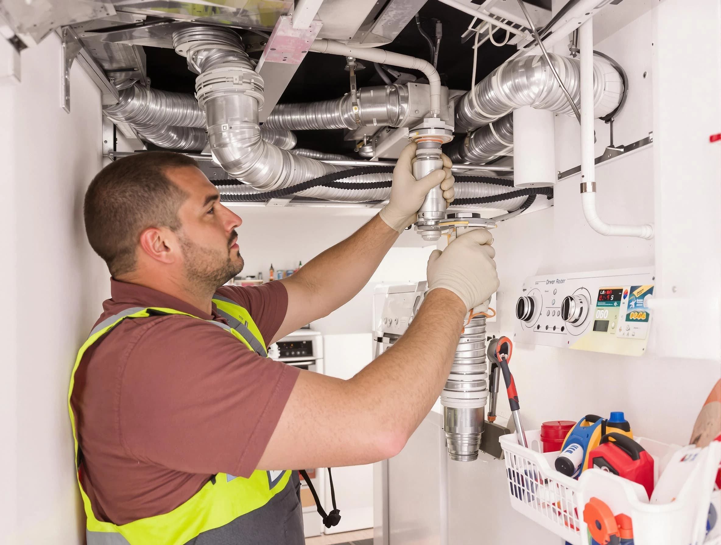 Rialto Dryer Vent Cleaning expert performing both repair and installation work on a dryer vent system in Rialto