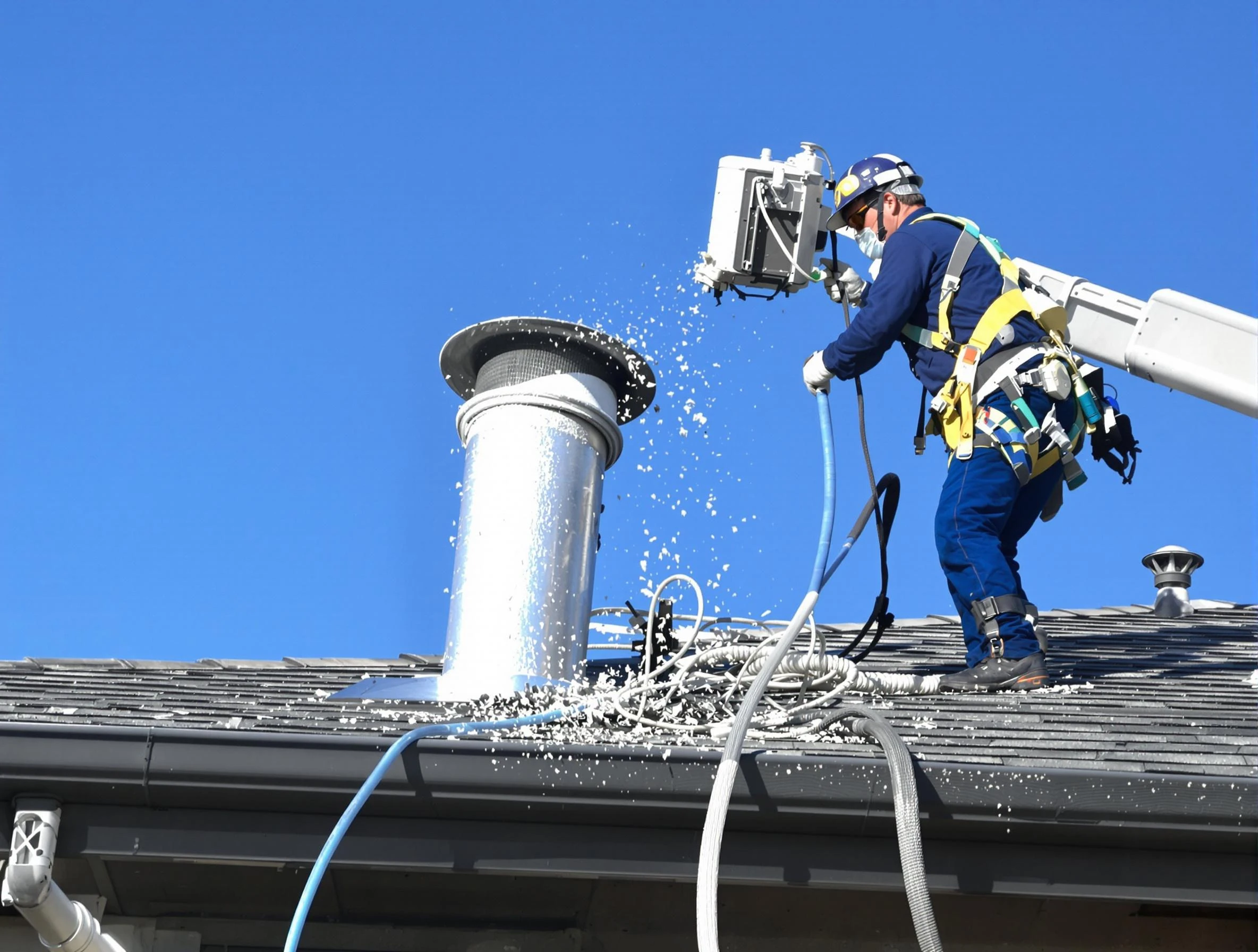 Rialto Dryer Vent Cleaning certified technician safely cleaning a roof-mounted dryer vent in Rialto