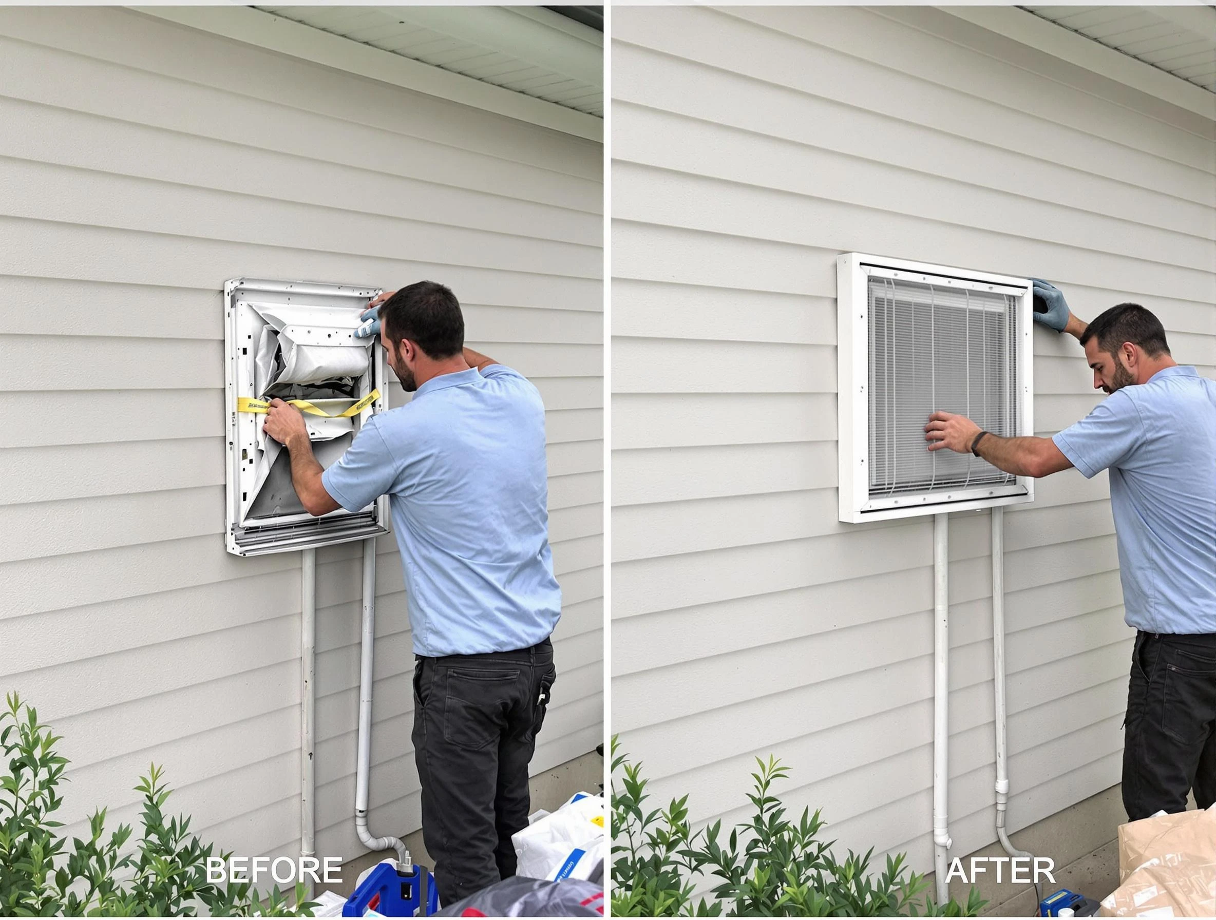 Rialto Dryer Vent Cleaning technician installing high-quality dryer vent cover at a residential property in Rialto